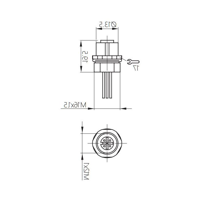 M12 5Pin、母头直型、法兰插座、板前安装、预铸UL电子线、64SA41-XXX